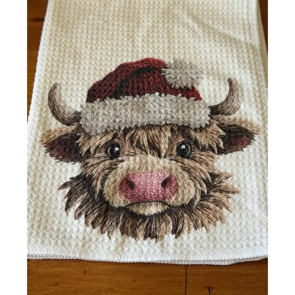 Highland Cow Christmas Kitchen Towel & Ornament Bundle Farmhouse Holiday Decor